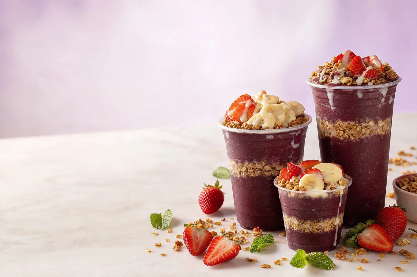 Copos de açaí com granola, morango e banana