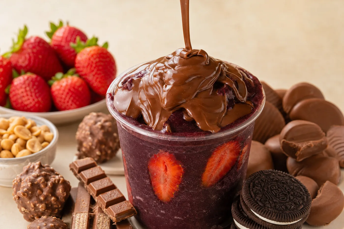 Açaí com creme de avelã e bombons